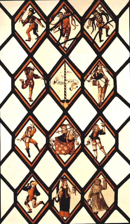 stained glass with Morris Dancers
